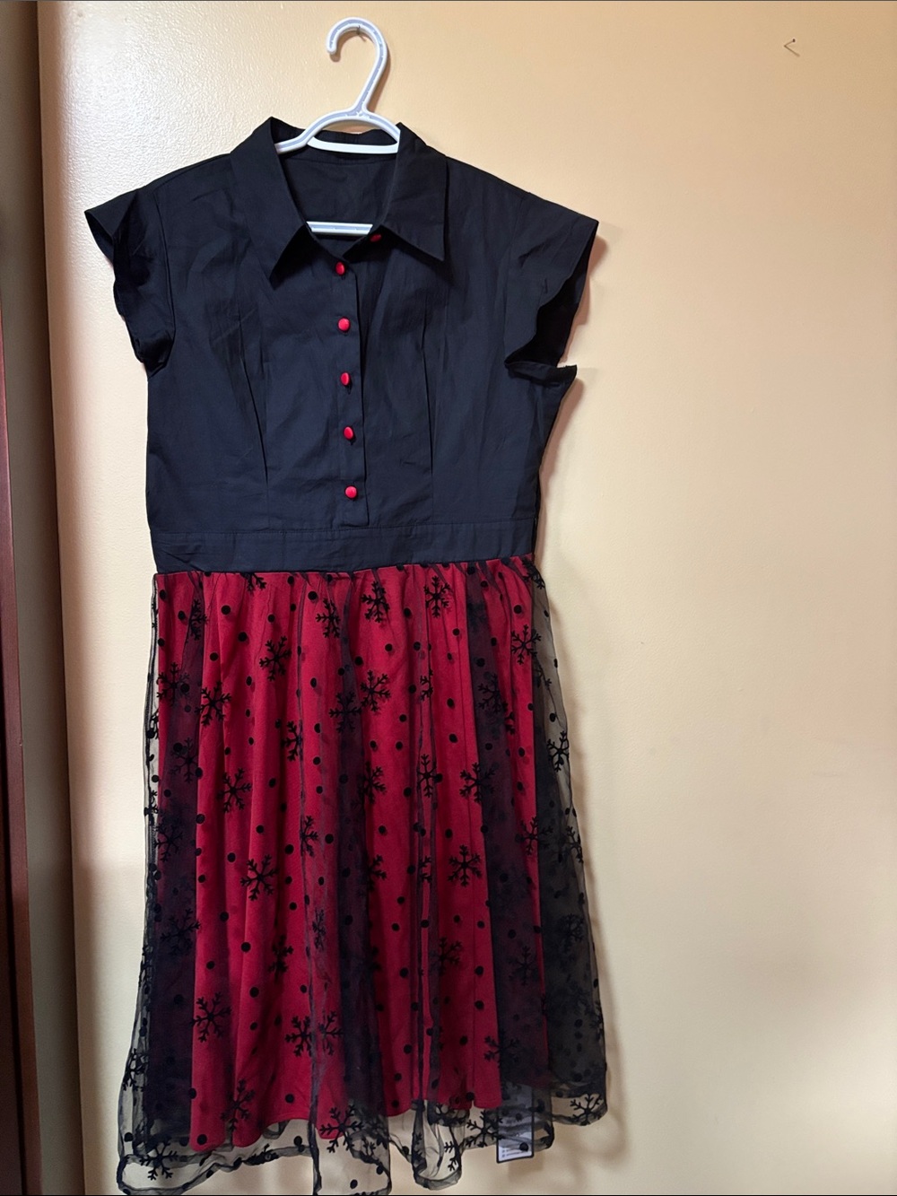 Black & Red Party Dress with Black Lace Overlay (snowflake design)